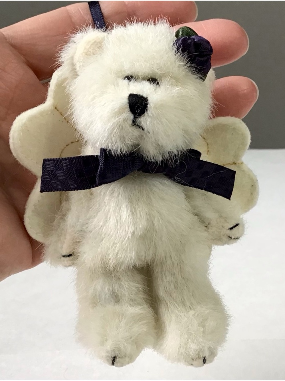 Boyds Bears Angel Bear Ornament 4”Mini Jointed Plush Felt Wings Blue Bow Flower